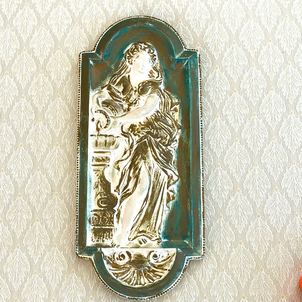 Vintage MCM Chalkware Wall Plaque, Intricate Detail, Gold & Green Highlights